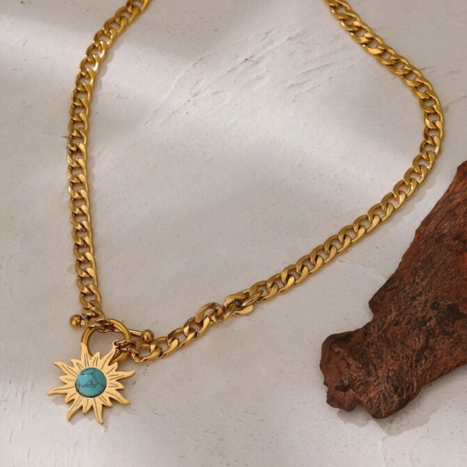 Collar De Cadena Con Colgante De Sol Turquesa Chapado En Oro De 18k 5