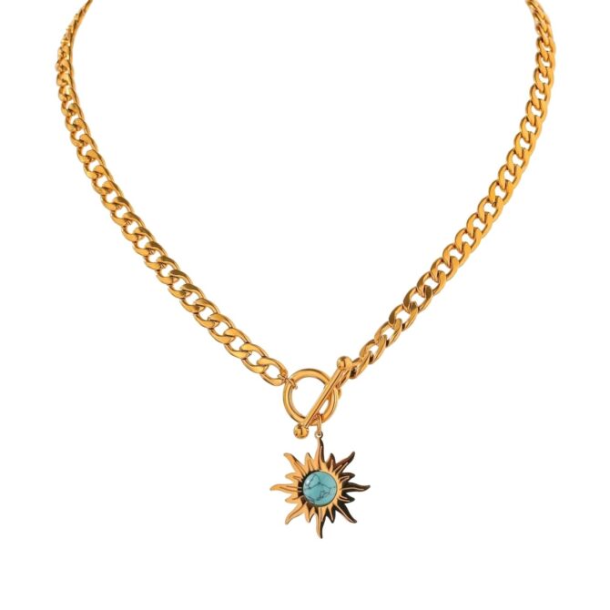 Collar De Cadena Con Colgante De Sol Turquesa Chapado En Oro De 18k 1