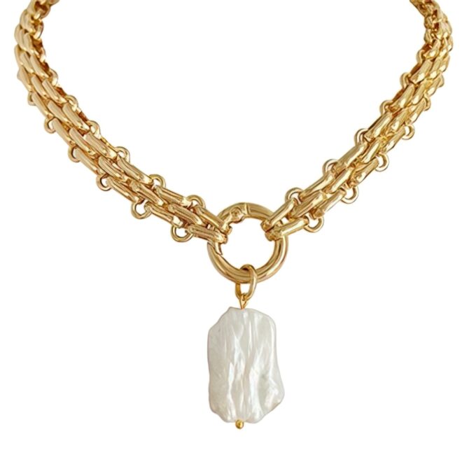 Collar Grueso Con Colgante De Perlas Chapado En Oro De 18k 1