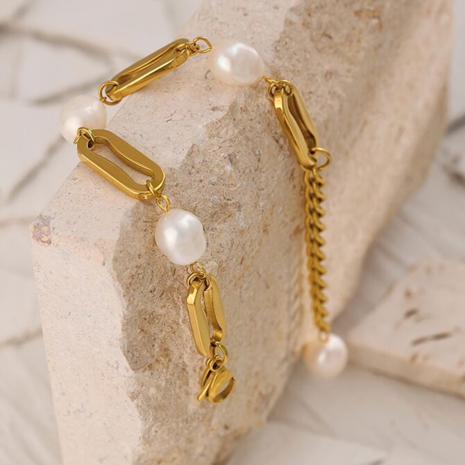 Pulsera de eslabones de perlas chapada en oro de 18 quilates 7